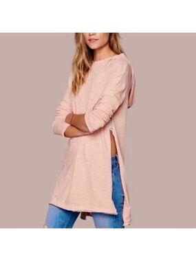 Free People Beach Relaxed Oversized Long Hooded Sweatshirt Swim Cover Pink OS